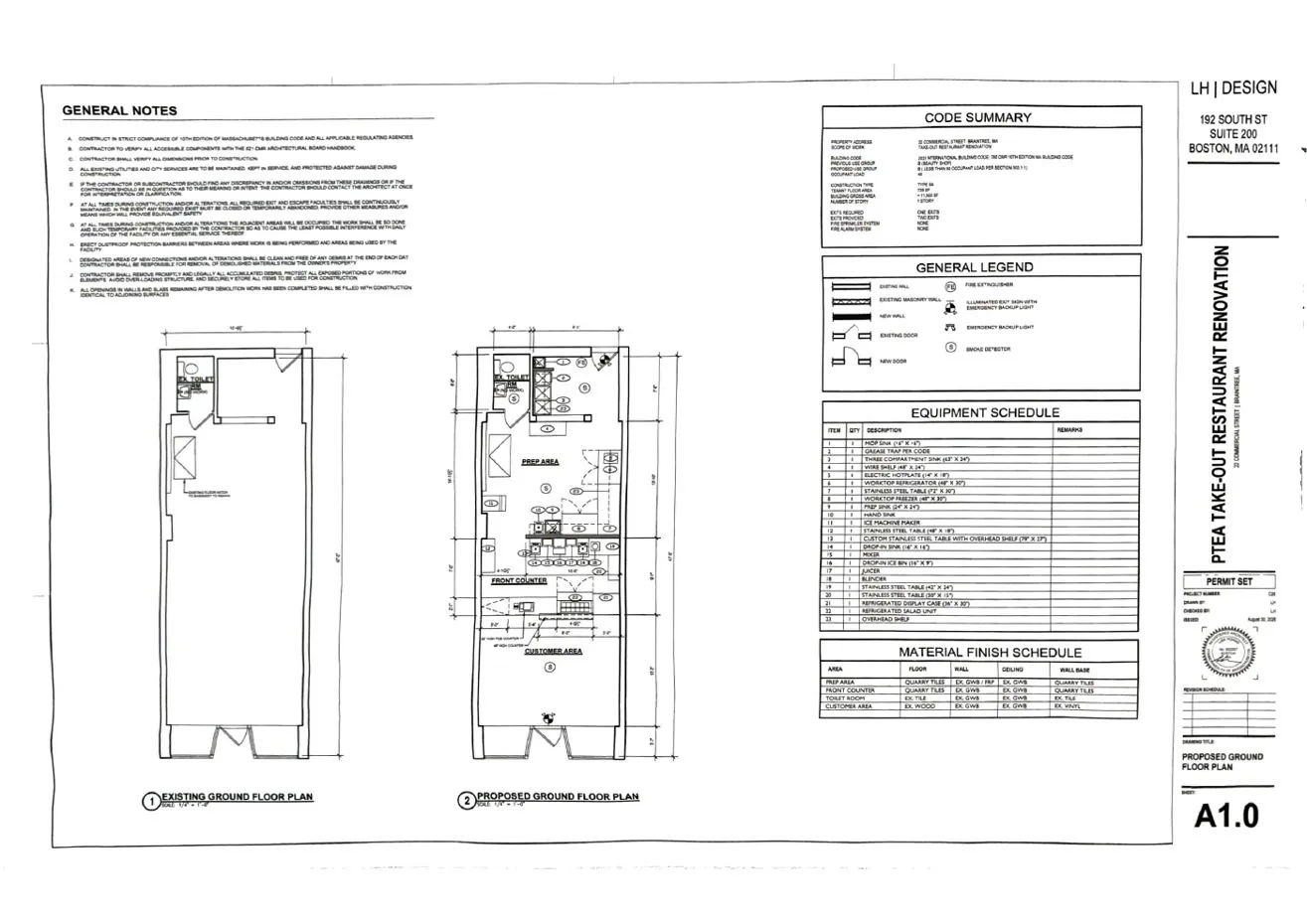 In progress: 1,000 SF coffee shop build-out, Braintree — floor plans